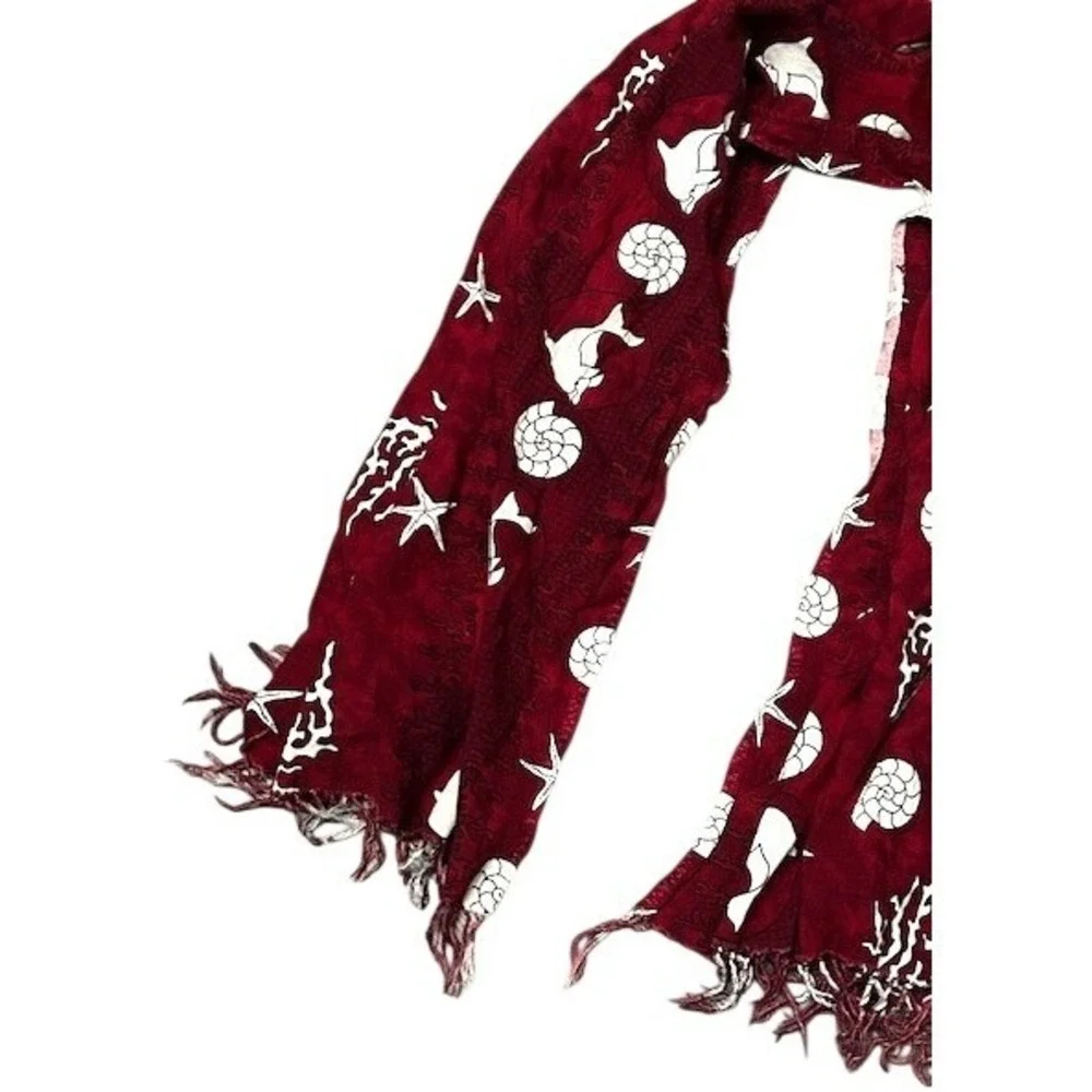 VTG Handmade Nautical Shell Starfish Dolphin Print Scarf Sarong Red Coastal Wrap